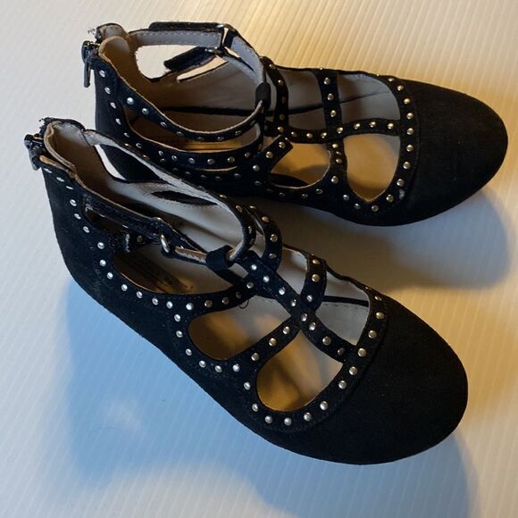 Zara Girls kids Black Cage Silver Stud faux suede Flats shoes -28/US 5 - Picture 4 of 8